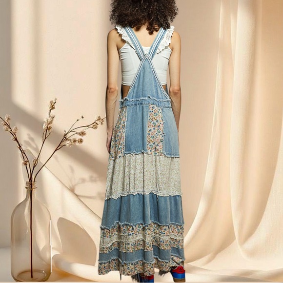 POL Denim Overall Maxi Dress | Patchwork Floral Lace - Picture 6 of 8